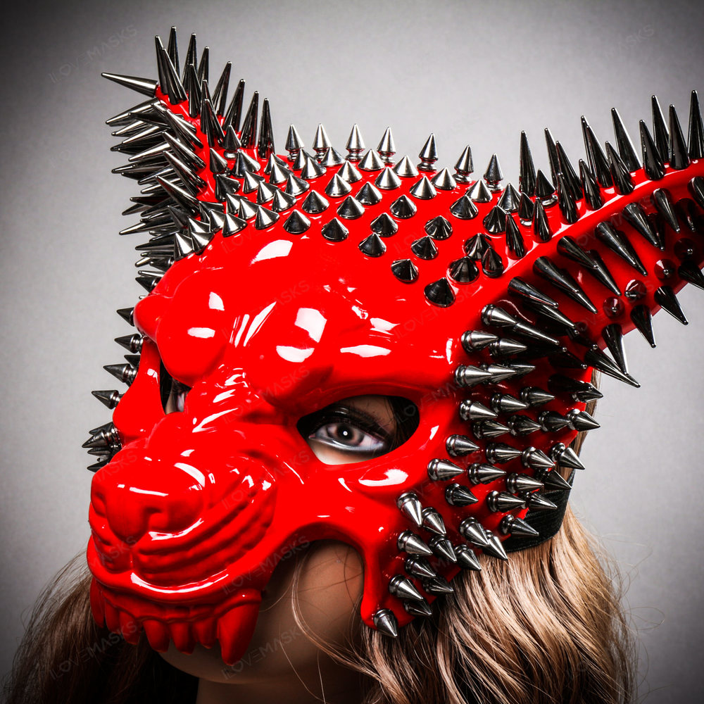 Angry Wolf Steampunk Spike Masquerade Mask - Glossy Red
